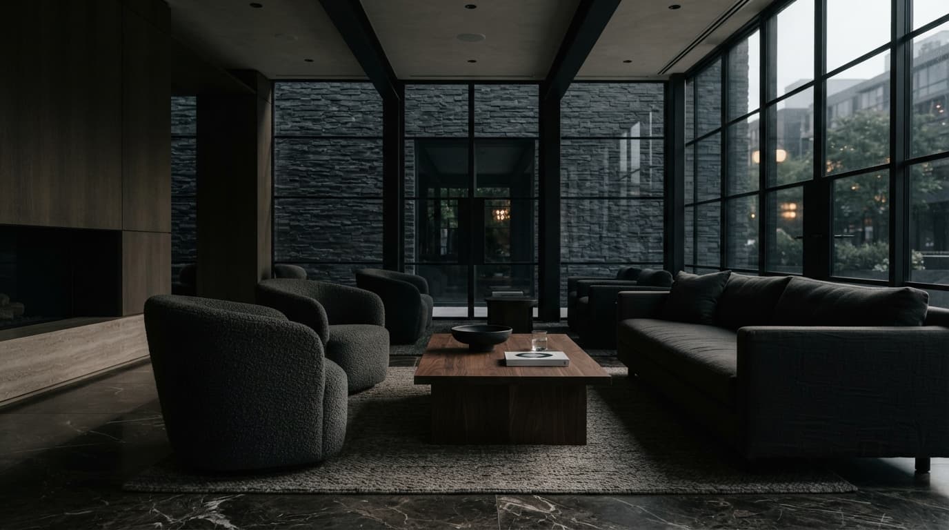 A dark, quiet studio lounge with floor-to-ceiling windows