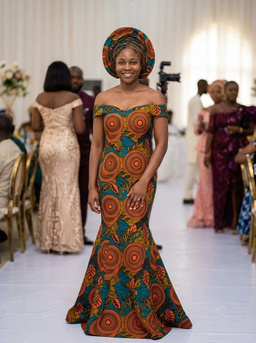 Example result: a woman in a fitted mermaid gown made from her ankara fabric