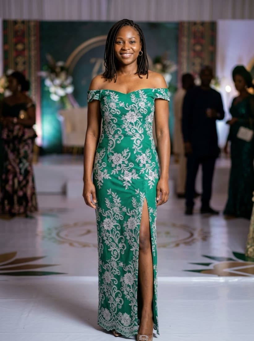 Example: Off-shoulder slit gown